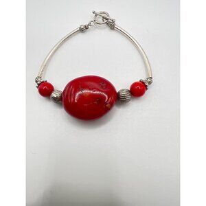 Red Coral and Sterling Silver Bracelet With Toggle Closure Artisan Made 20.6g